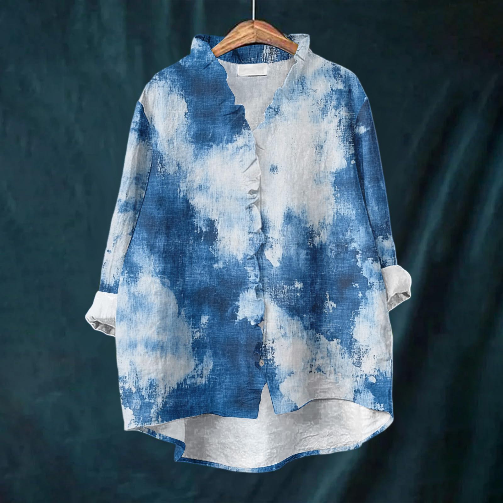 

Women s Loose Ruffled Floral Print Stand Collar Long Sleeve Cotton And Linen Top L синій