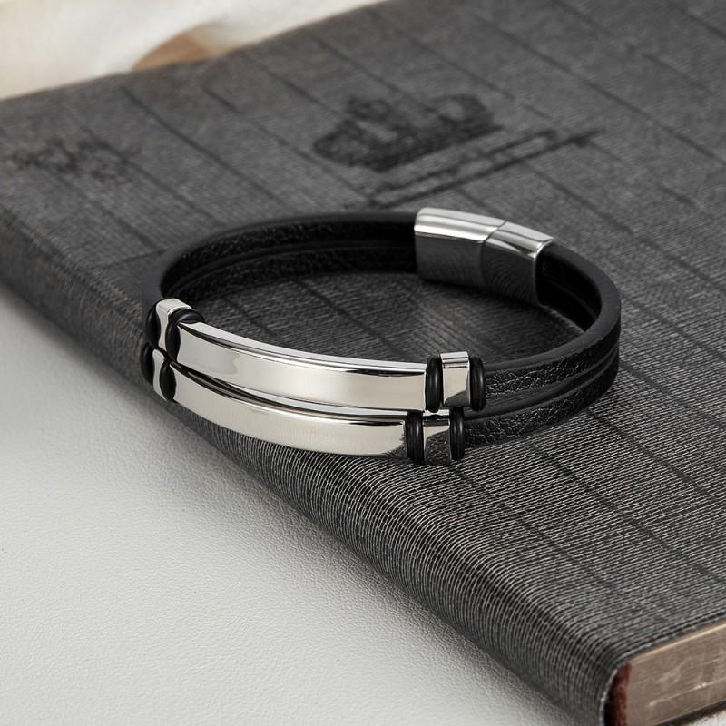 Simple Stylish Smooth Wristband With Engraved Letters Made Of Stainless Steel Double-layer Woven Leather Bracelet