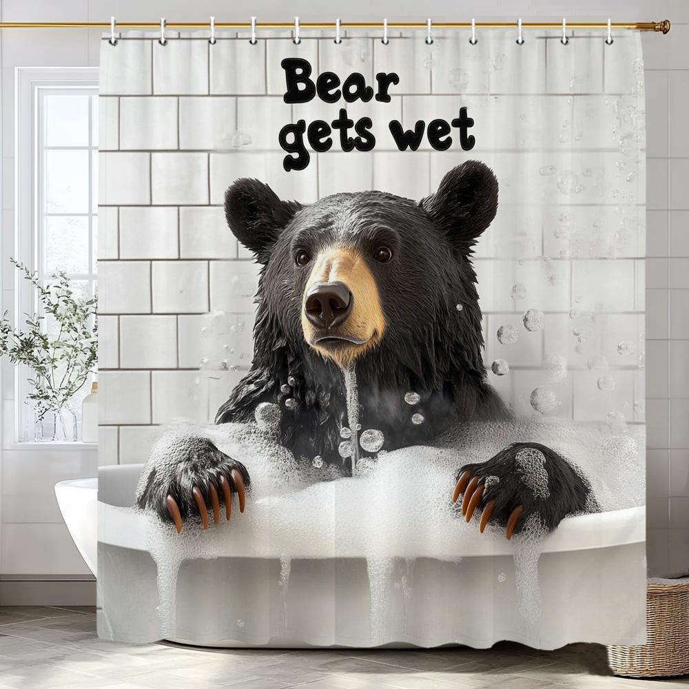 Cute Brown Bear in Bath Shower Curtain, Bathroom Decorative Shower Curtain, Waterproof Shower Curtain with Hooks