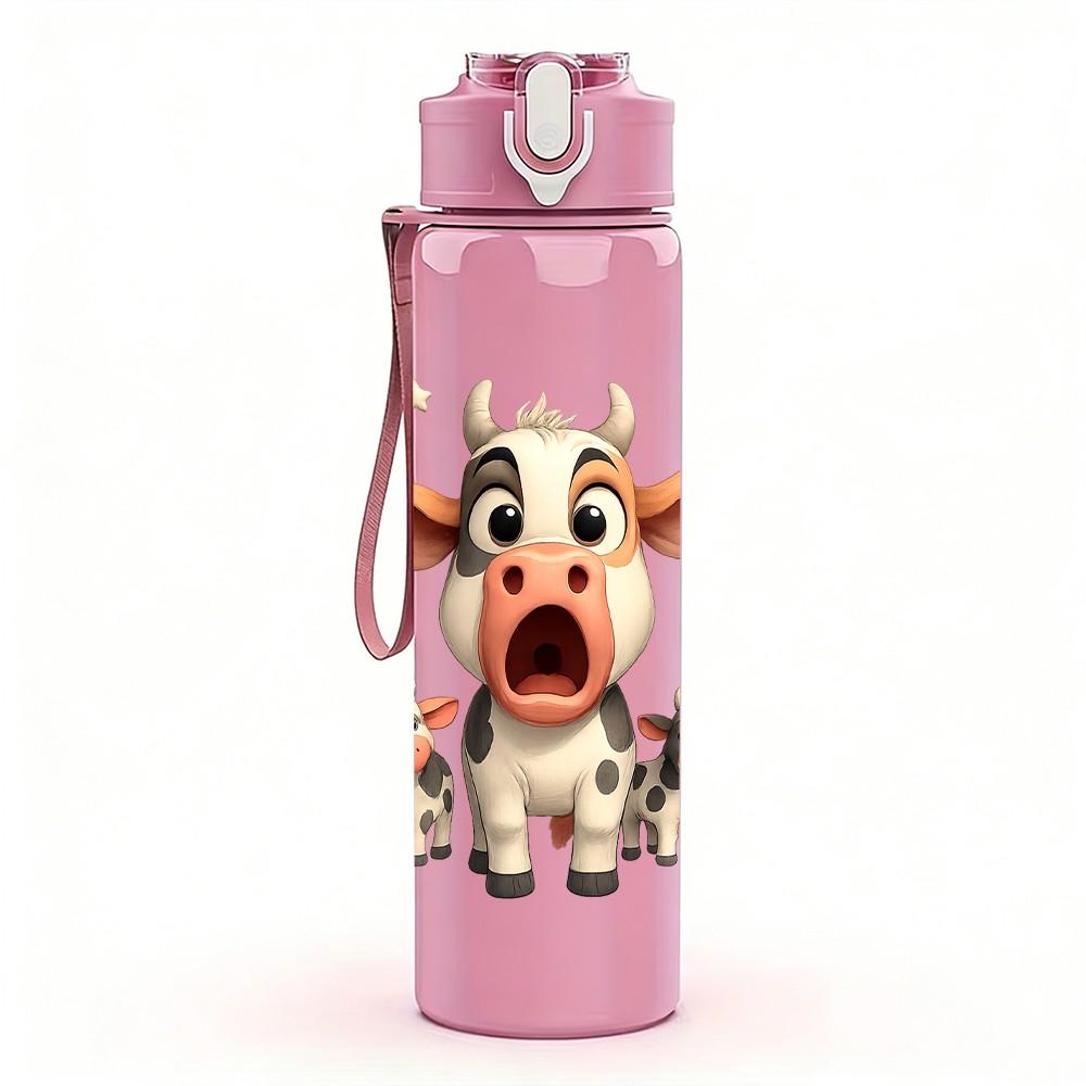 1PC Funny Cow Farm Animal Pattern 750ml Color Plastic Sports Water Bottle Leakproof Flip Straw Lid Suitable for Sports Office Home Use