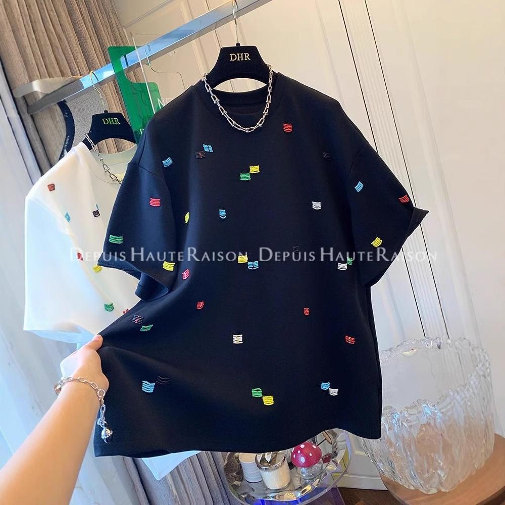 Women's Summer Loose Fit Korean Embroidered T-Shirt - Unique Straight Shoulder Short Sleeve Top