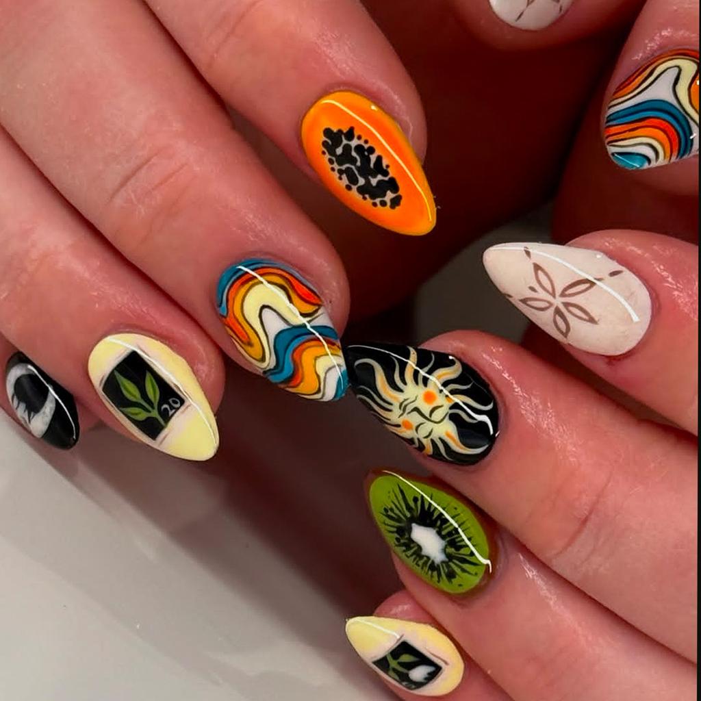 24PCS Colorful Almond Press on Nails Full Cover Sweet Shell Vortex Stars Patterns French False Nails Wearable Retro Manicure Art