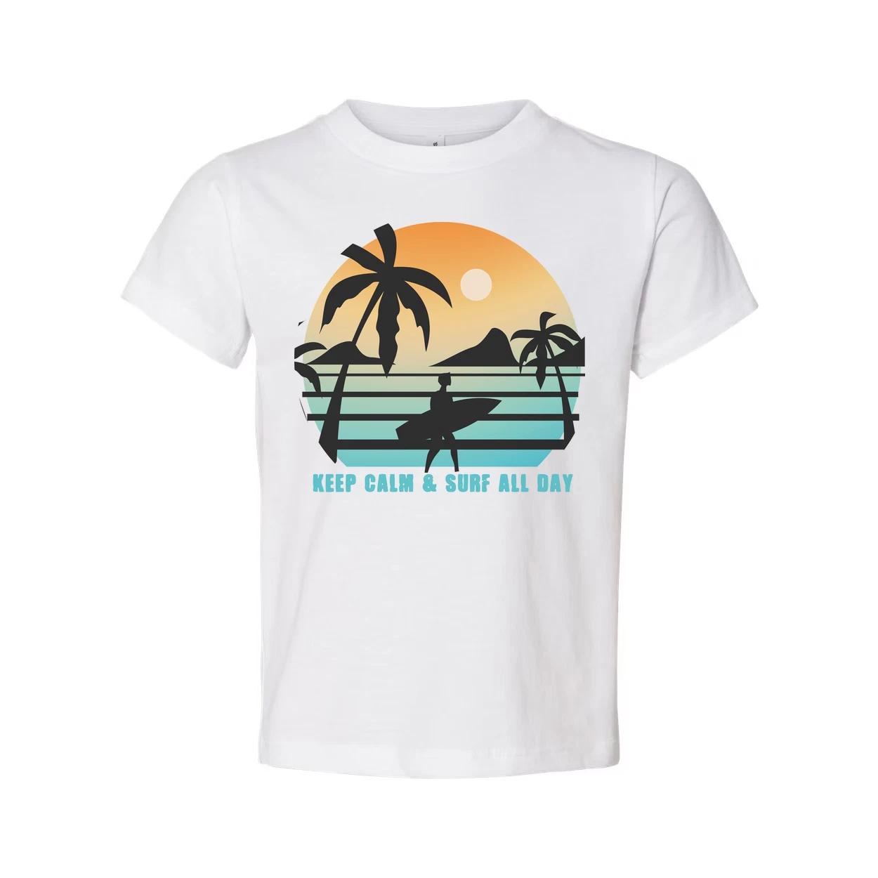Unisex Sunset Surf Tee With Palm Tree Silhouette And Surfboard Graphic Keep Calm 2XL