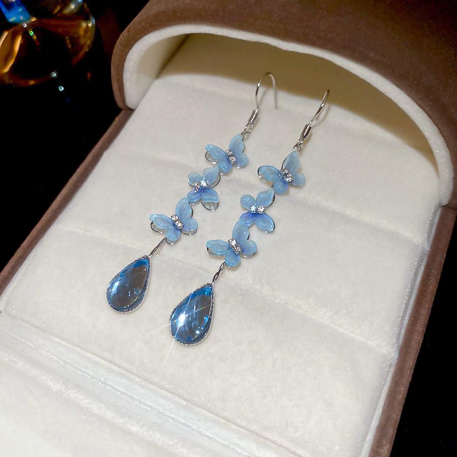 New blue flower fringed earrings, fresh niche design studs, women's summer vacation earrings