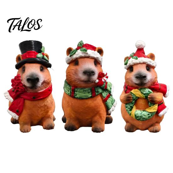 Cozy Interior Decor Pieces Christmas Capybara Resin Figurine, Statue with Santa Hat Scarf Wreath, Miniature Figures for Display Cute Tabletop Ornament