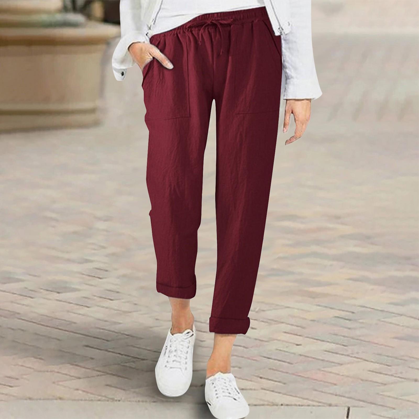 

Женские хлопковые льняные брюки, летние широкие повседневные свободные брюки палаццо с завязками, брюки с карманами L винный