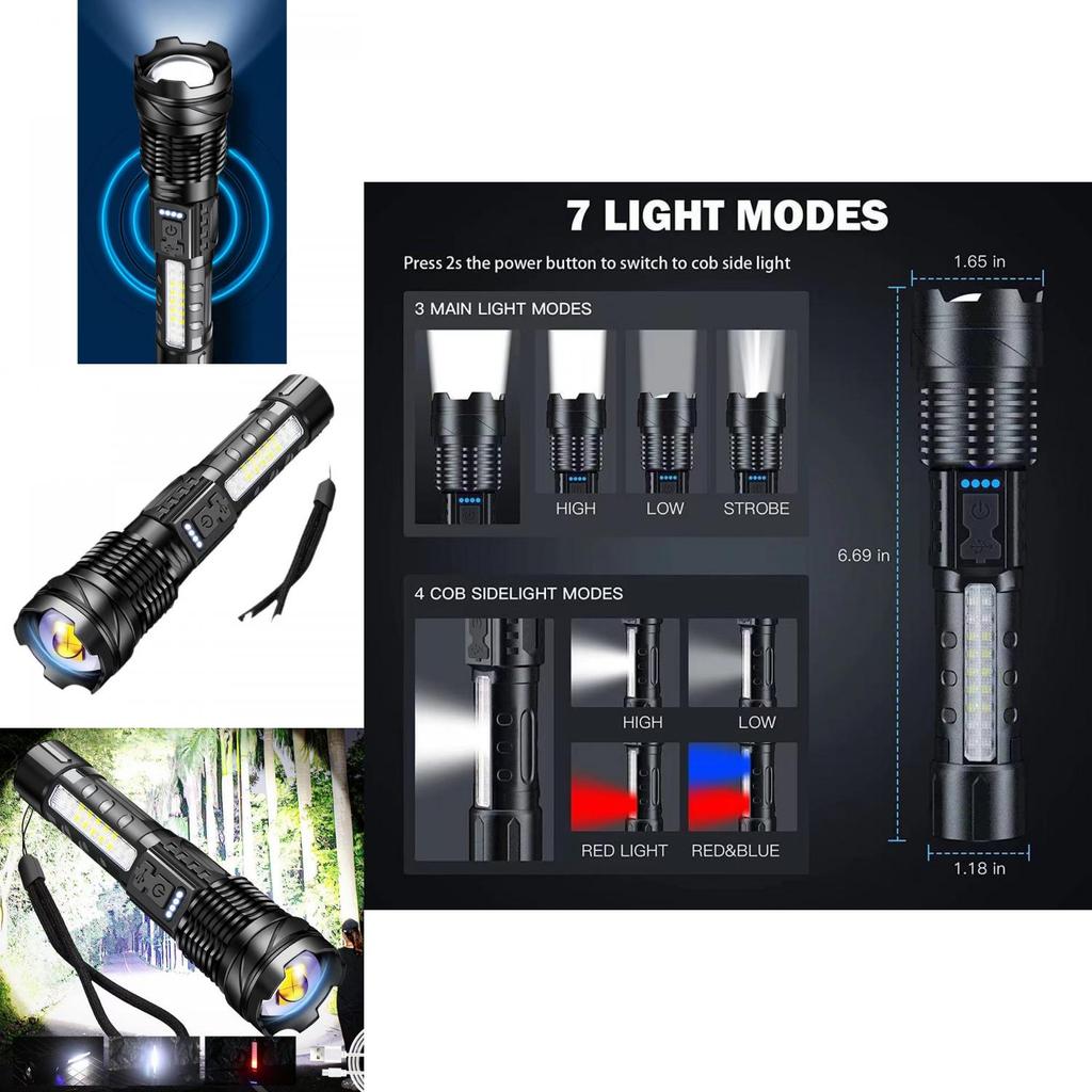 Strong Led Rechargeable Flashlight With Cob Work Light For Camping And Emergency Use