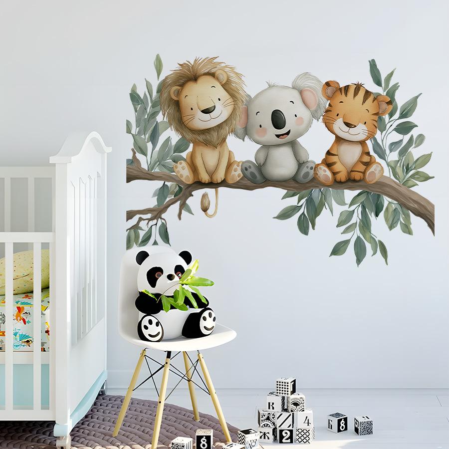 Animals On a Branch Wall Stickers, Lion Koala Tiger Self-Adhesive Decor for Nursery Kids Room Decoration