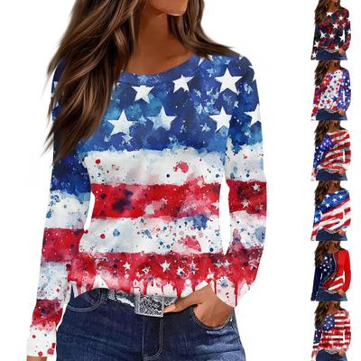 Women's Fashion Slit Hem Independence Day Printed Round Neck Long Sleeve Top