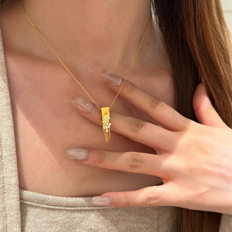 New Chinese style cold zircon square wheat ear tassel necklace accessories women's exquisite sweater chain necklace