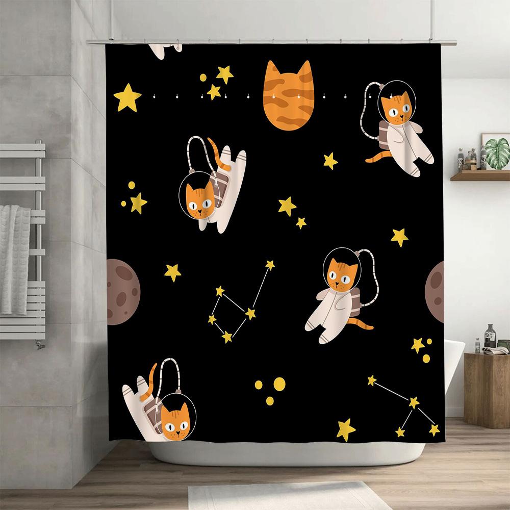 Space Cats Shower CurtainAstro Kitty Bathroom Decor with Black Background, Stars, Constellations Cosmic Design Perfect Gift for