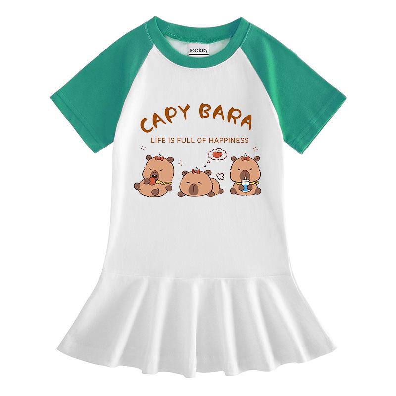 Summer Cartoon Color Block Raglan Dress for Baby Girls - Short Sleeve with Ruffled Pleated Skirt