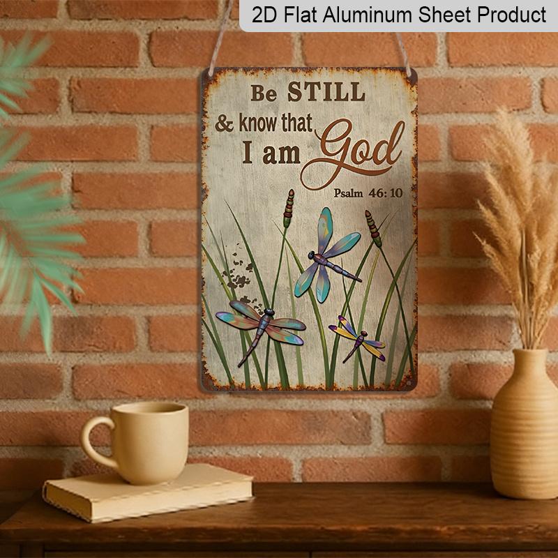 2D Flat, Vintage Psalm 46:10 Bible Verse Metal Tin Sign - "Be Still and Know That I Am God" Christian Wall Decor 8x12 Inch Classic Religious Verse