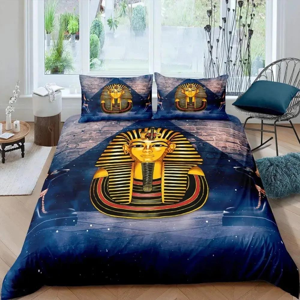 3D Ancient Egypt Tribe Duvet Cover Set,Pharaoh Bedding Sets,Egyptian Pyramids Exotic Style Comforter Cover Set Full Queen Size