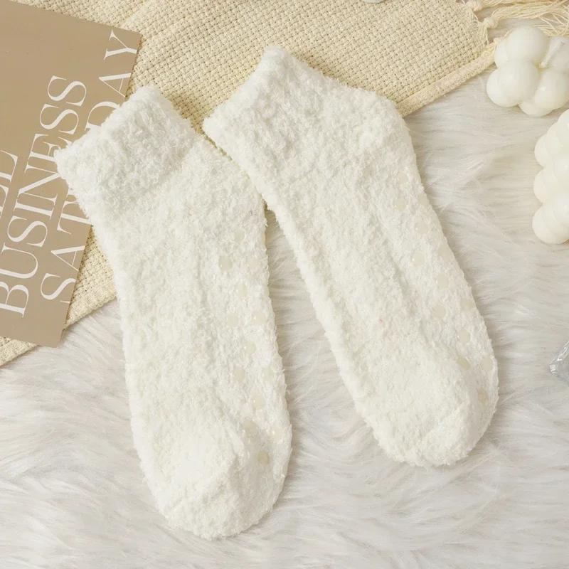 Autumn Winter Non-Slip Coral Floor Socks Women Thick Warm Thermal Home Carpet Sleep Slippers Socks Solid Color Casual Short Sock