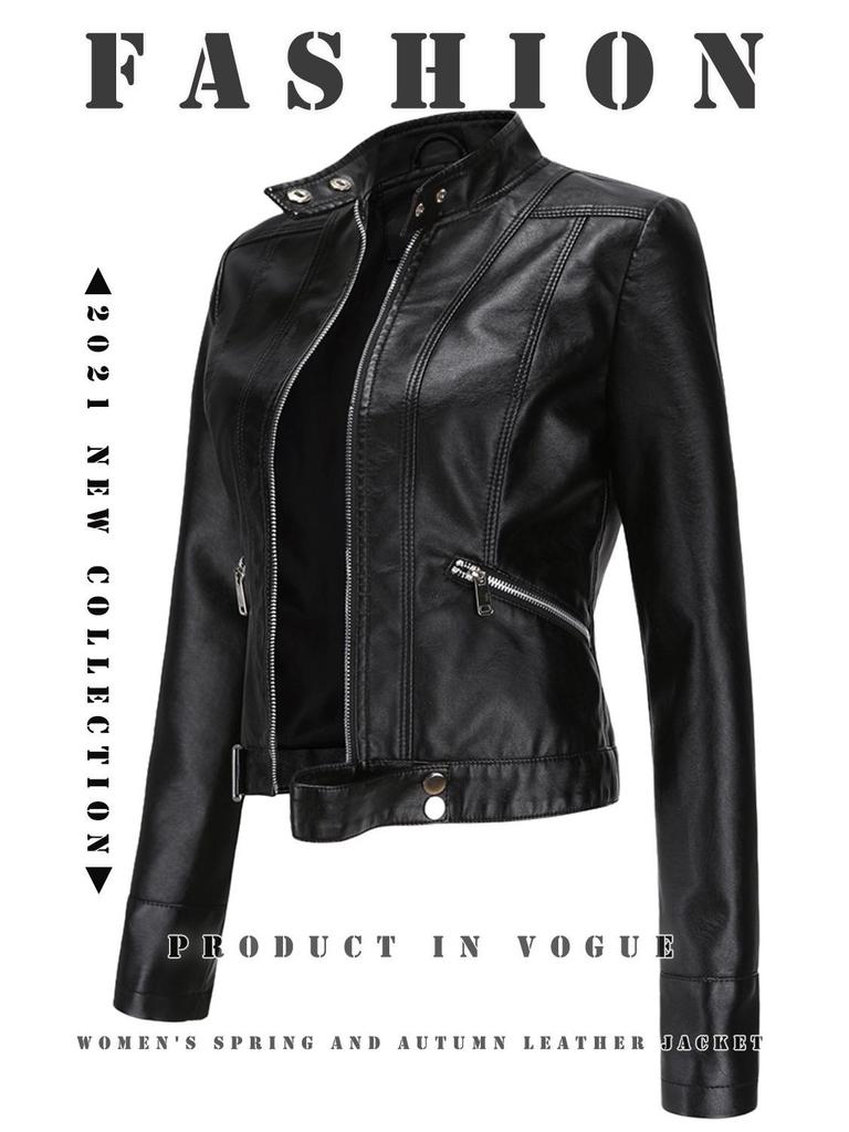 Damen Kurze Lederjacke - Frühling/Herbst Stehkragen