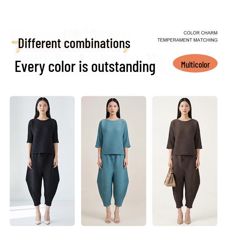 Miyake Women's High-End Flattering T-shirt & Irregular Harem Pants Two-Piece Set