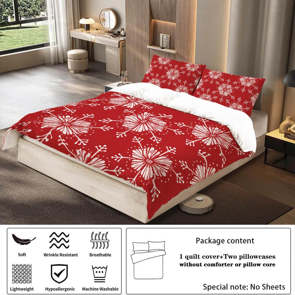 3pcs Christmas Red Snowflake Print Chipless Bedding Set, Soft and Comfortable, Multi Size Dormitory Bedroom, Machine Washable