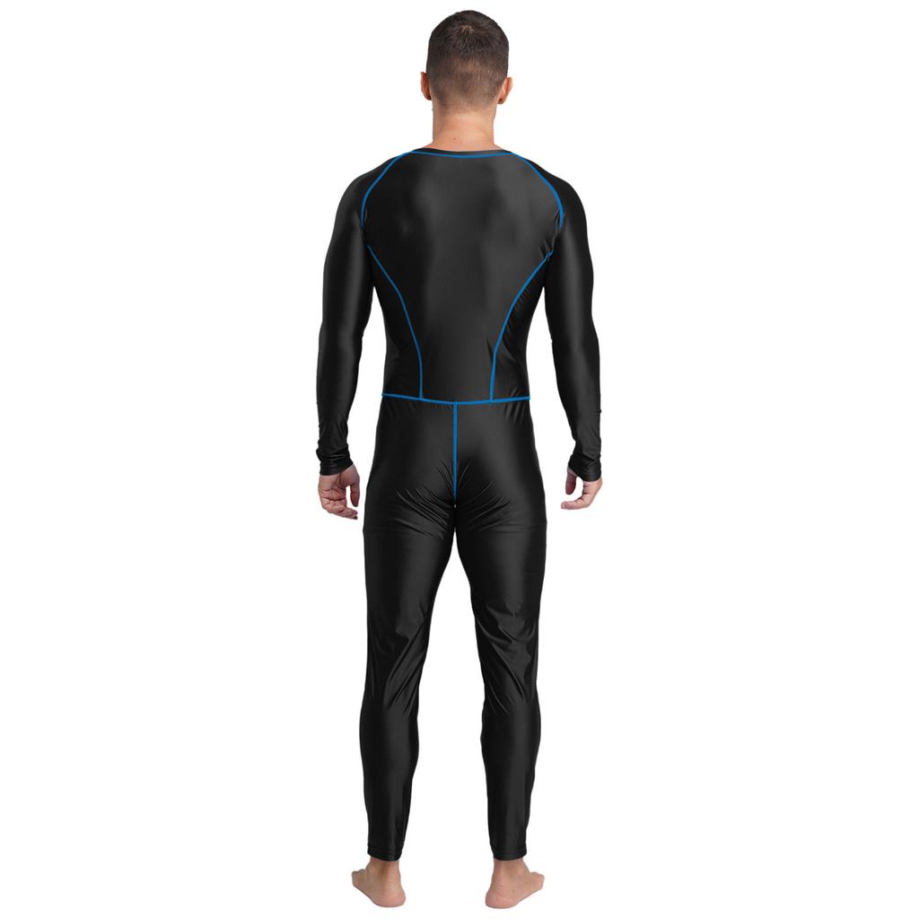Men‘s Compression Swimwear & Gym Romper S-3XL: Shiny Long Sleeve Jumpsuit with Front Zipper, Flatlock Seams for Comfort