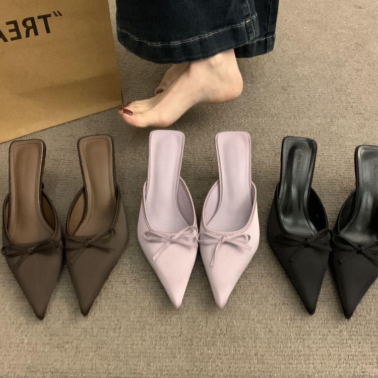 French Bow Pointed Head Stiletto Slippers Women's Early Spring New Bag Head Half Slippers Temperament Wearing Sexy High Heels