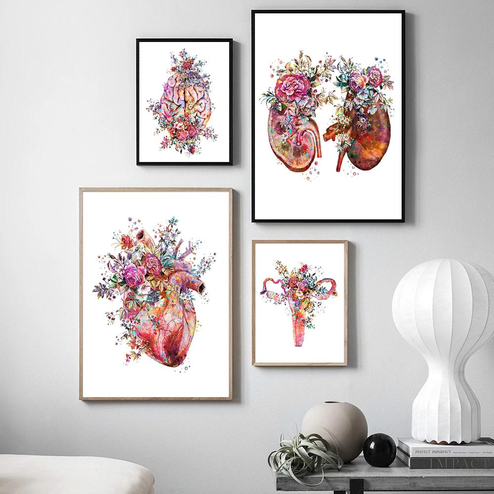Bunte Anatomie Kunst Blume Organe Herz Lunge Poster und Drucke Medizinische Bildung Wand Kunst Leinwand Malerei Home Dekoration Geschenk