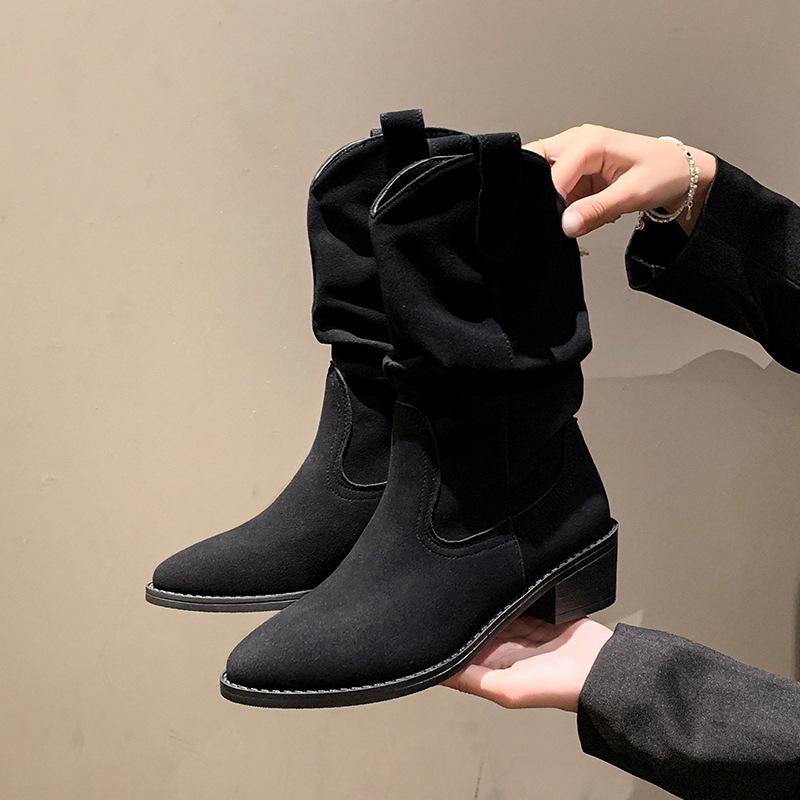 European and American Large-size Women's Martin Boots Women's 2025 Autumn and Winter New Pointed Sleeve Square Heel Medium Tube Boots