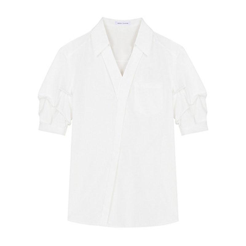V-neck Short Sleeved Polo Neck White Shirt Women's Commuting Elegant Solid Colour Loose Blouses Thin Top Spring and Summer