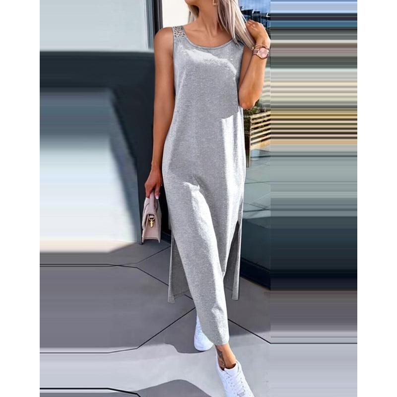 QICED Women's Fashion Summer Spring O-Neck Sleeveless Solid Color Print Casual Dresses Casual Chic