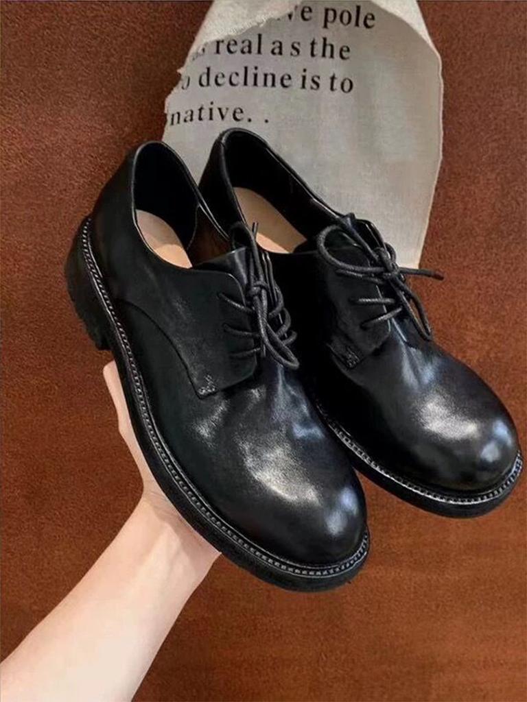 Washed horse leather~ Genuine leather retro British lace-up small leather shoes women's autumn and winter new Derby loafers thick heel single shoes