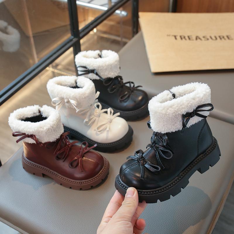 Girl's Shoes Children's Short Boots Winter Fleece-lined Little Girl Leather Warming Cotton Boots