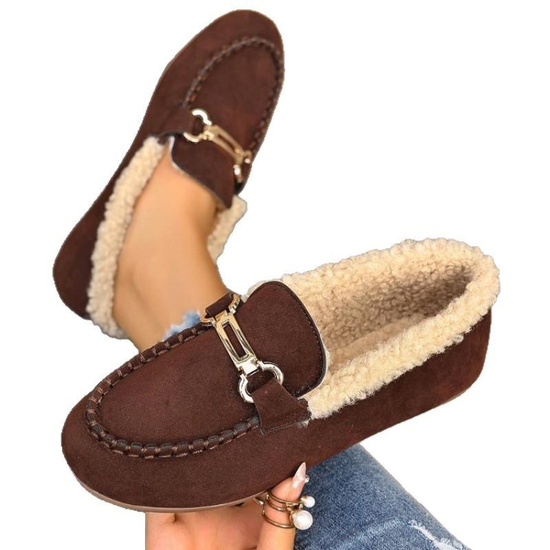 Baumwollschuhe Damen Herbst und Winter flachsohlige Samt warme Oberbekleidung weichsohlige flachsohlige Mützen-Schuhe flauschige kleine Lederschuhe rundto