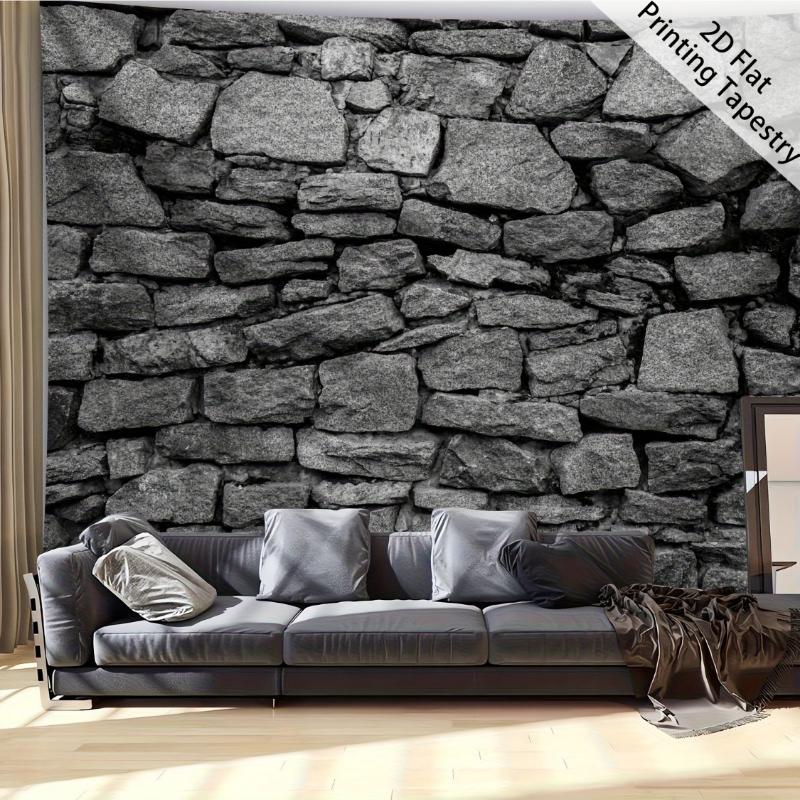 Rustic Stone Tapestry, Weathered Brick Pattern with Natural Gray Tones, Wall Art for Living Room, Minimalist Farmhouse Decor