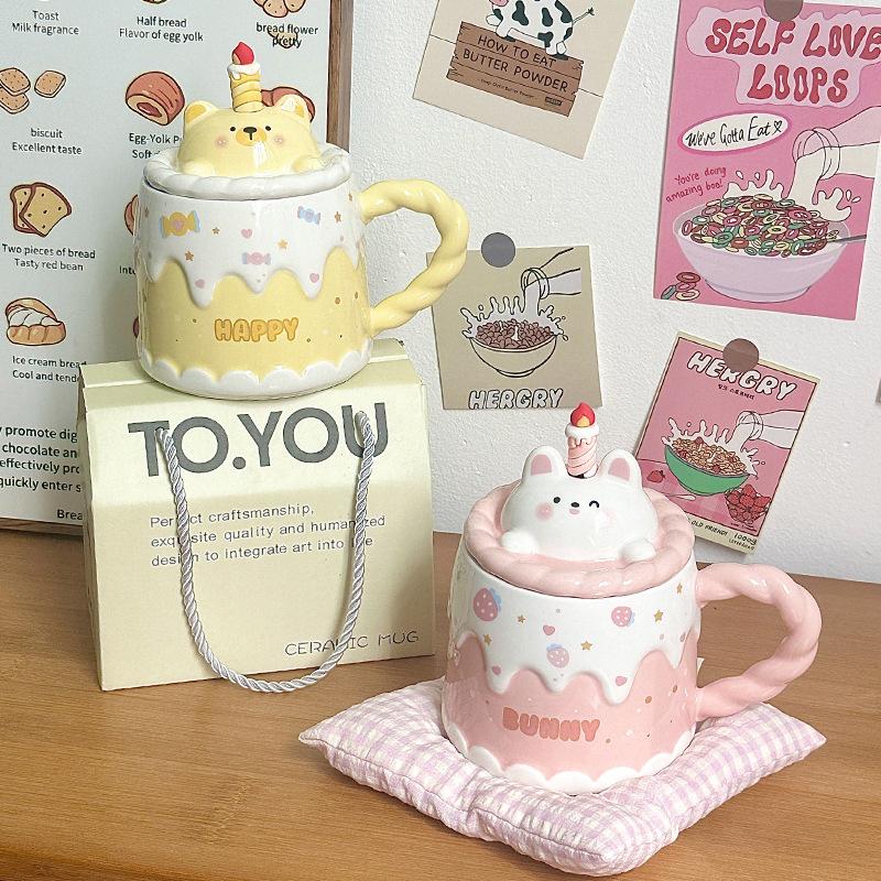 Cartoon Ceramic Mug With Lid Cake Milk Mugs Coffee Cups Tea Water Cup Birthday Christmas Gifts For Friends Drinkware