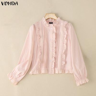 Blouse décontractée pour femme à col rond, bordure festonnée en dentelle, manches longues amples