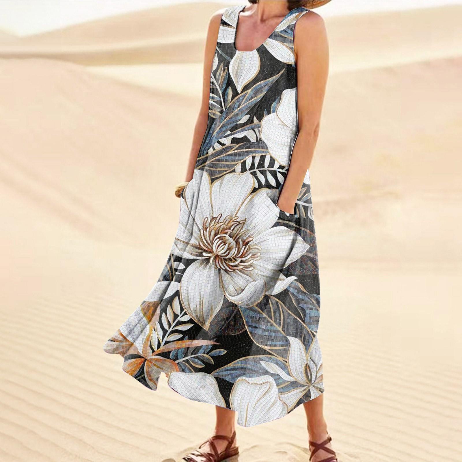 

Летнее платье для женщин, повседневное удобное хлопковое платье без рукавов с принтом и карманом