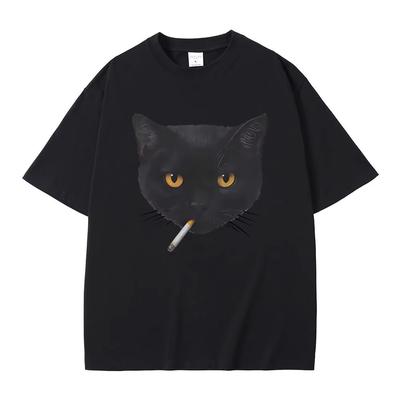 Smoking Black Cat Funny Meme Graphic Tshirts Men Women Clothing Fashion Oversized Tshirt Male Casual Cotton T Shirt Streetwear