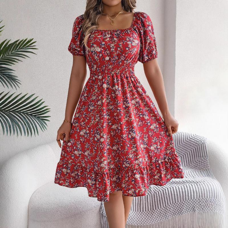 2026 Spring/Summer New Floral Print Square Neck Short Sleeve Waist-Cinching Ruffle Hem Women's A-Line Dress