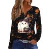Women's Casual Halloween Print V-Neck Long Sleeve T-Shirt with Decorative Buttons