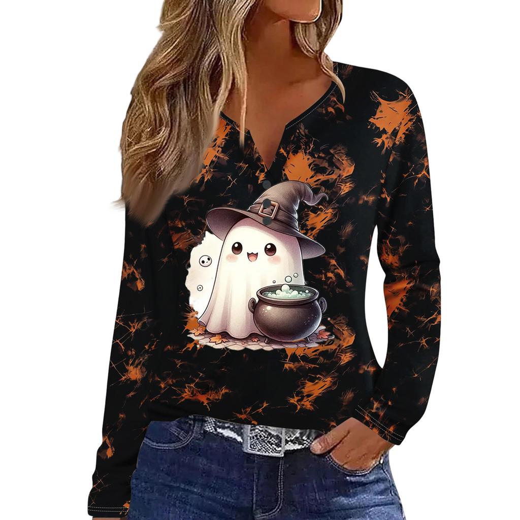 Women's Casual Halloween Print V-Neck Long Sleeve T-Shirt with Decorative Buttons