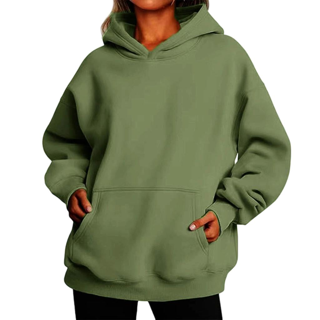 Felpa con cappuccio da donna a tinta unita con maniche lunghe e tasca anteriore, vestibilità larga, pullover per l'uso quotidiano casual