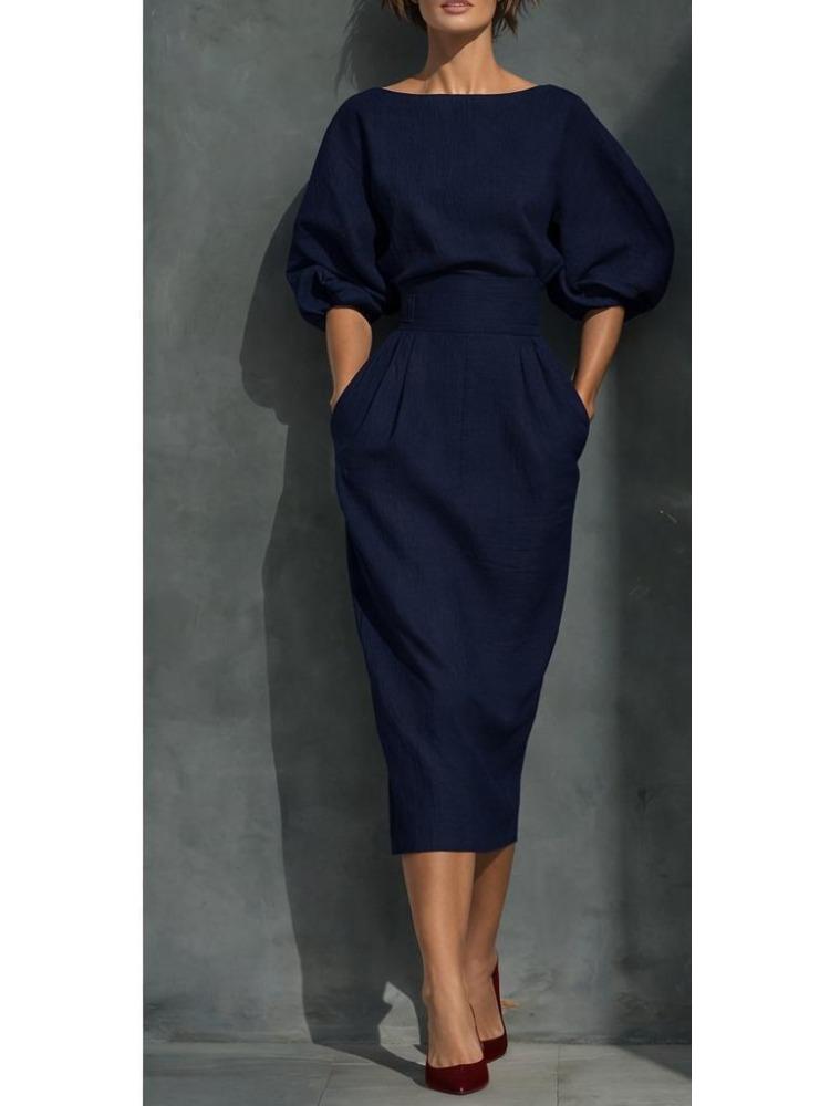 Women Orange Puff Sleeve High Waist Midi Dress with Pockets