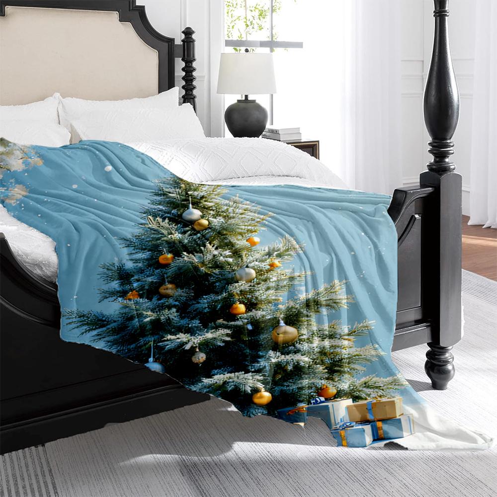 Luxury Plush Fleece Christmas Snowflake Tree Blanket - Turquoise Winter Bedspread With Golden Ornaments Pine Cones, All-Seas