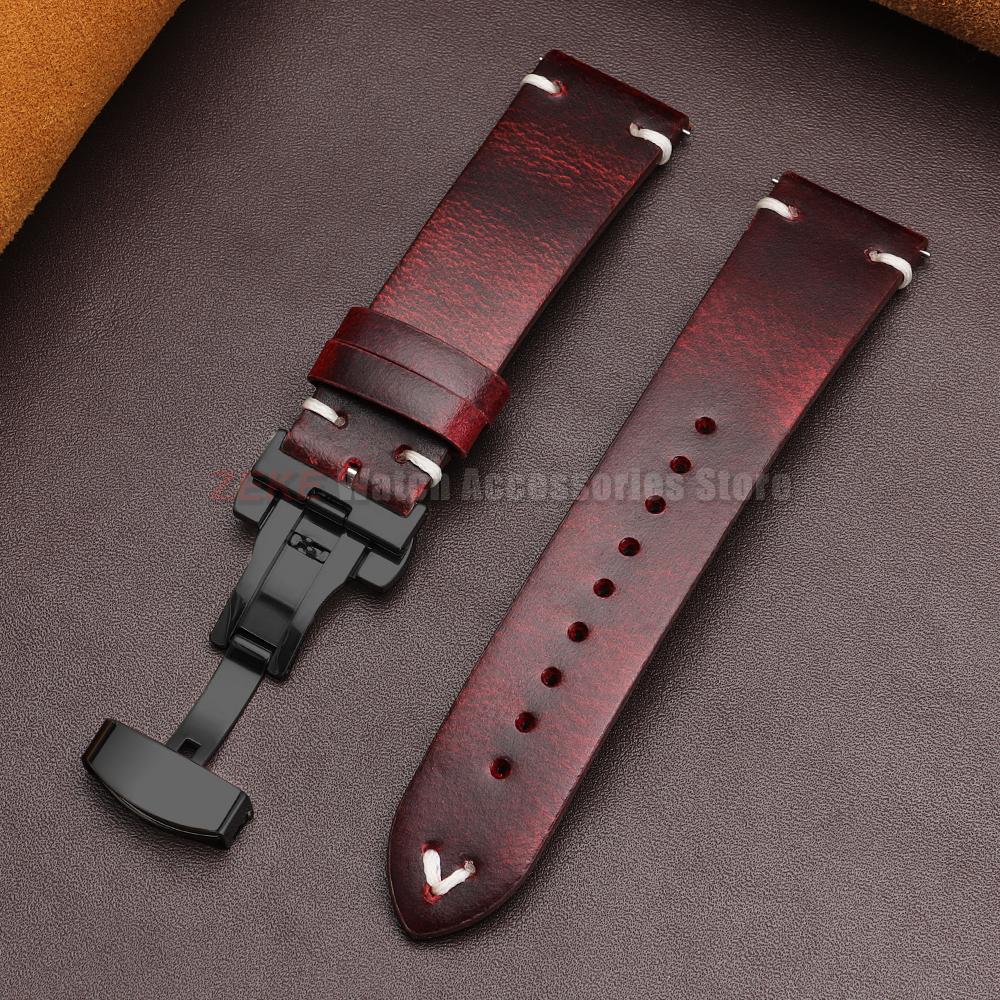 Vintage Oil Wax Leather Watch Band 18mm20mm 22mm Bracelet for Seiko Butterfly Buckle Stitching Cowhide Strap for Omega Watchband