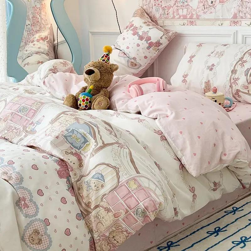 Girls Boys Gift Bedding Set Cute Bear Duvet Cover Set With Zipper Pink Heart Bed Sheet Pillowcases No Filler Twin Queen Size