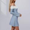 New French Fashion Contrasting Color Layered Breast Wrapped Long Sleeves Slim Temperament Style Dress for Women