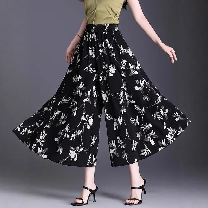 Women's High Waist Floral Printed Wide Leg Culottes Summer Thin Nine Length Large Swing Casual Skirt Pants With Side Pockets For Plus Size