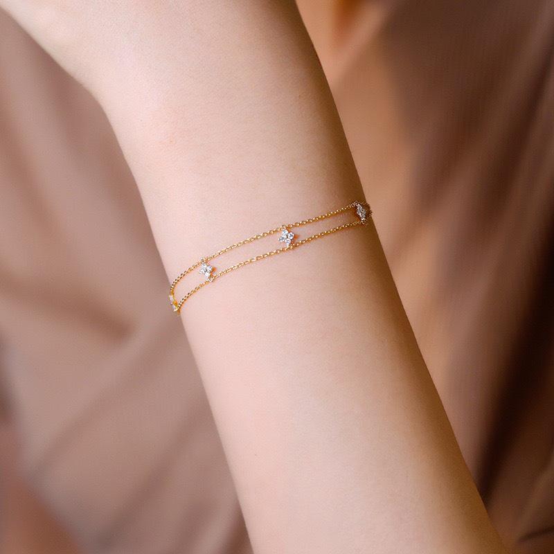 Twin Flowers S925 Silver Double-Layer Four-Leaf Zircon Bracelet - Exquisite & Elegant Gift for Girls