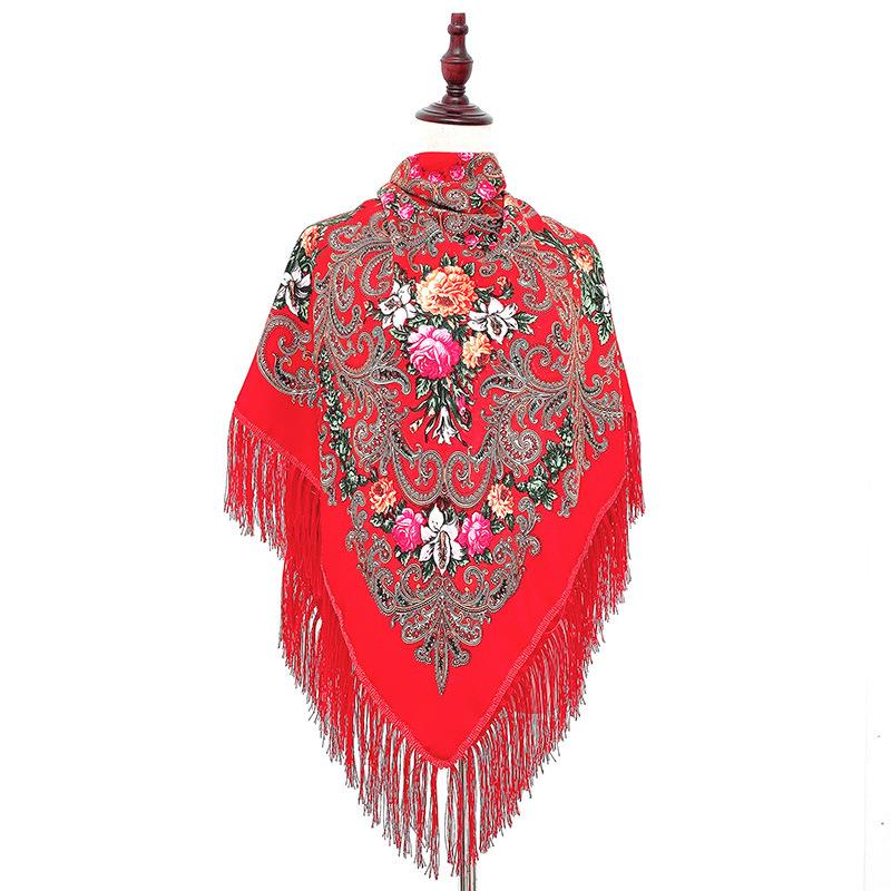 130*130cm Russian National Scarf Women Luxury Floral Bandana Fringed Ukrainian Shawl Big Size Handkerchief Babushka Head Wraps
