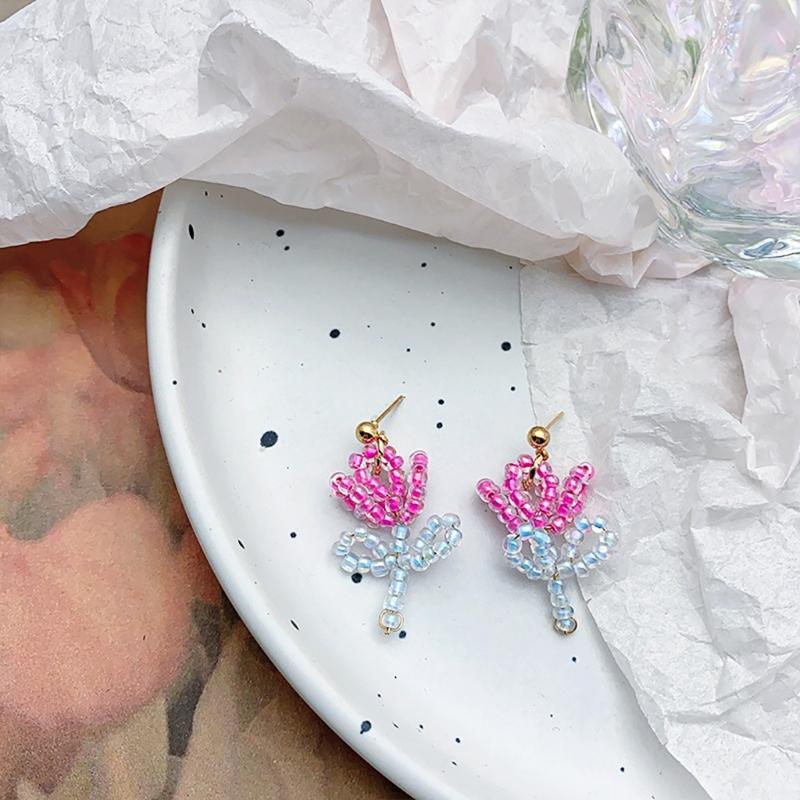 Glass Bead Floral Earrings Lightweight Ear Hooks/Ear Studs Allergy Free Glass Beaded Ear Pendants Handmade Ornament