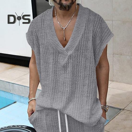 

Мужской летний жилет с v-образным вырезом, свободный пуловер без рукавов, топы с жаккардовой текстурой, однотонные вязаные топы, повседневная одежда M белый